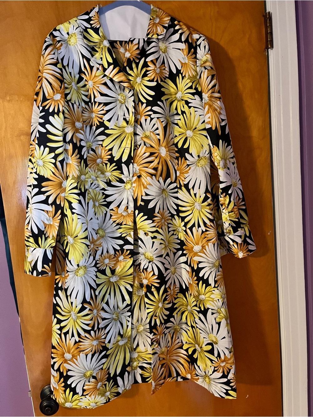Floral Button-Front A-Line Dress in Yellow & White- vintage 80s